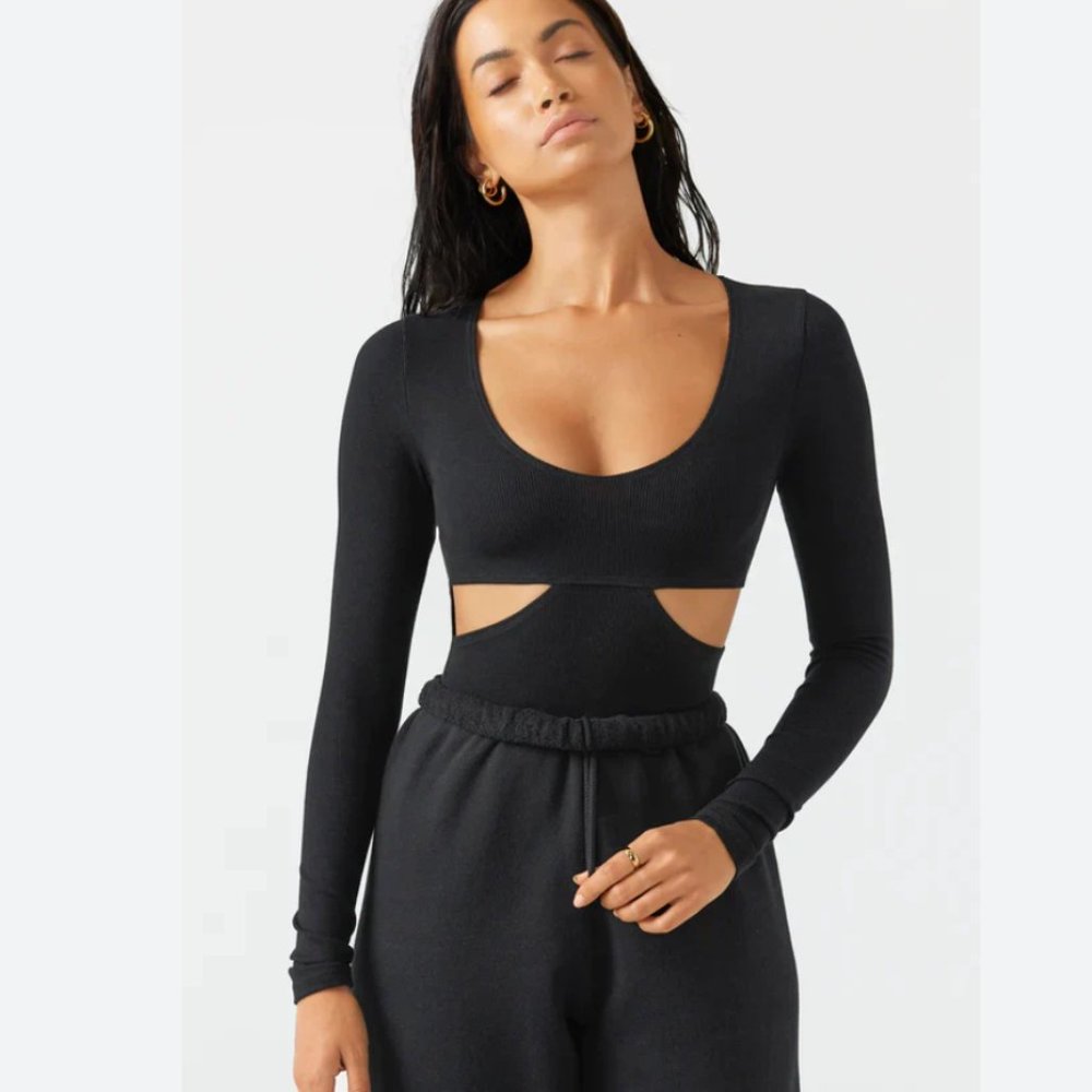 NWT Joah Brown Black Ribbed Fitted Cutout Long Sleeve, Size S/M